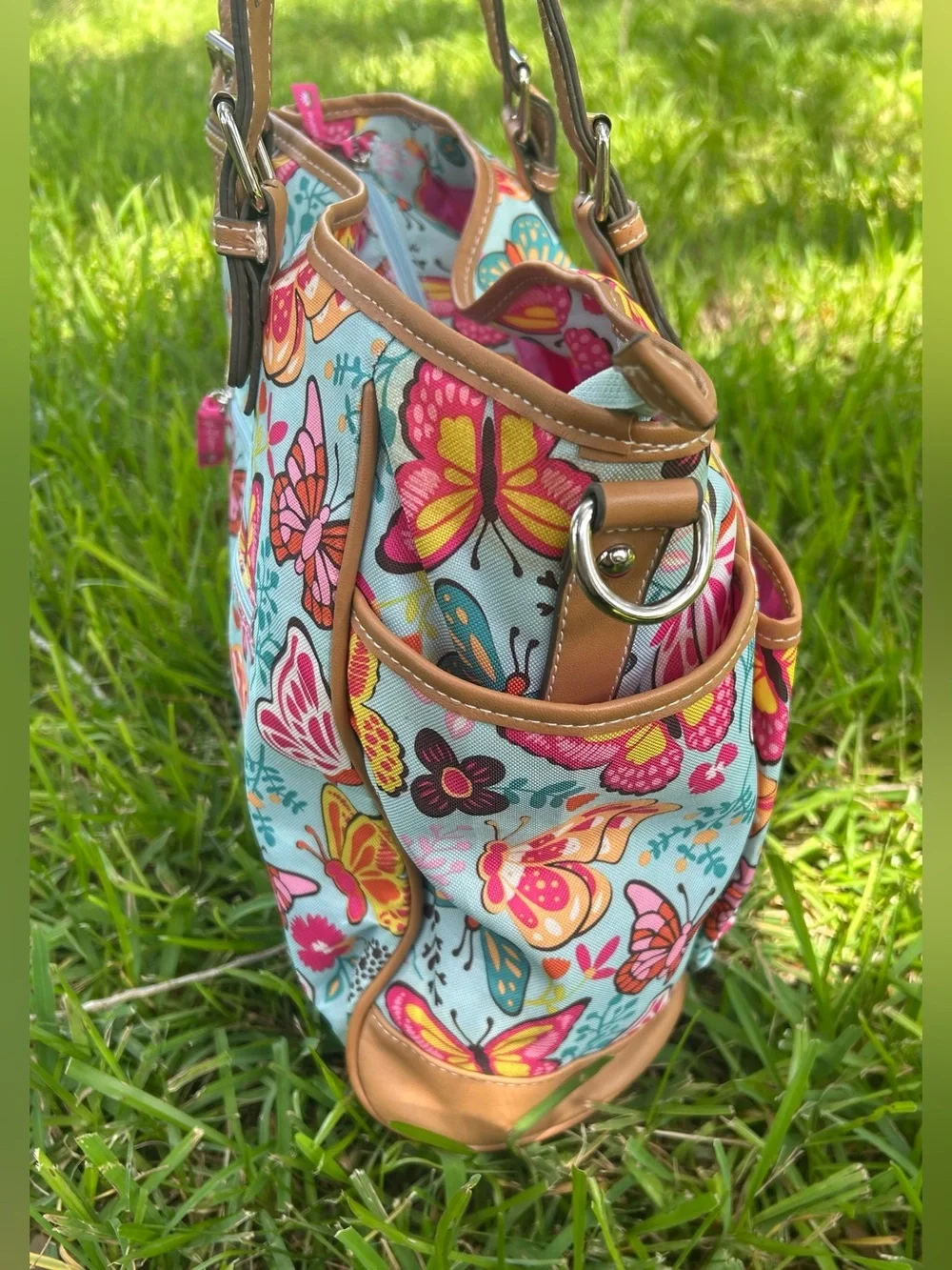Lily Bloom Butterfly Print Tote in Blue, Pink & Tan